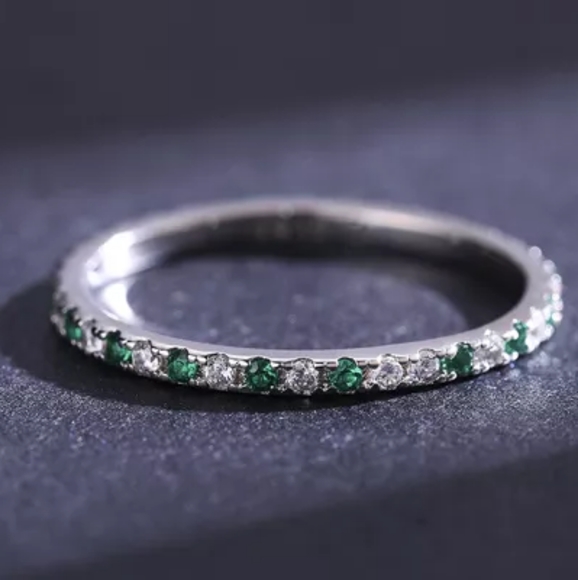Green Clear Zircon Pave Sterling Silver Band Stackable Diamond Emerald Eternity - Picture 4 of 16